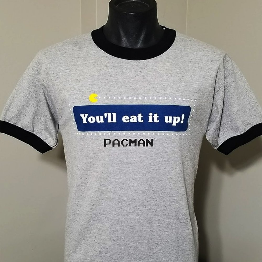 Vintage Y2K Pac-Man Graphic Ringer Tee Size Medium Grey Black Giant Tag T Shirt